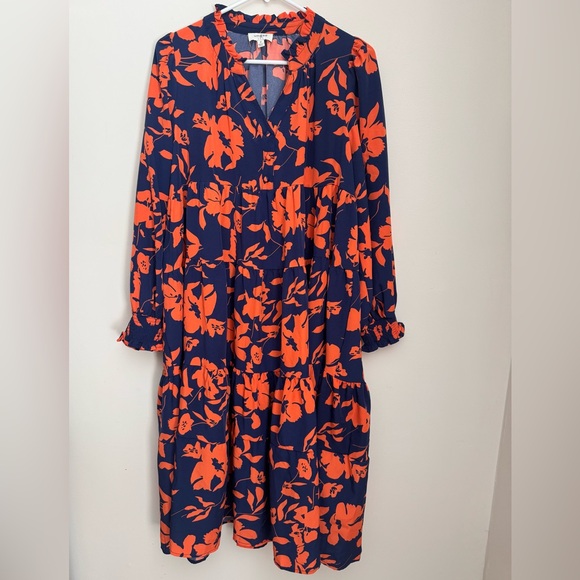 Umgee Dresses & Skirts - Umgee Floral Tiered Babydoll Dress Navy Orange Boho Long Sleeve Size Medium